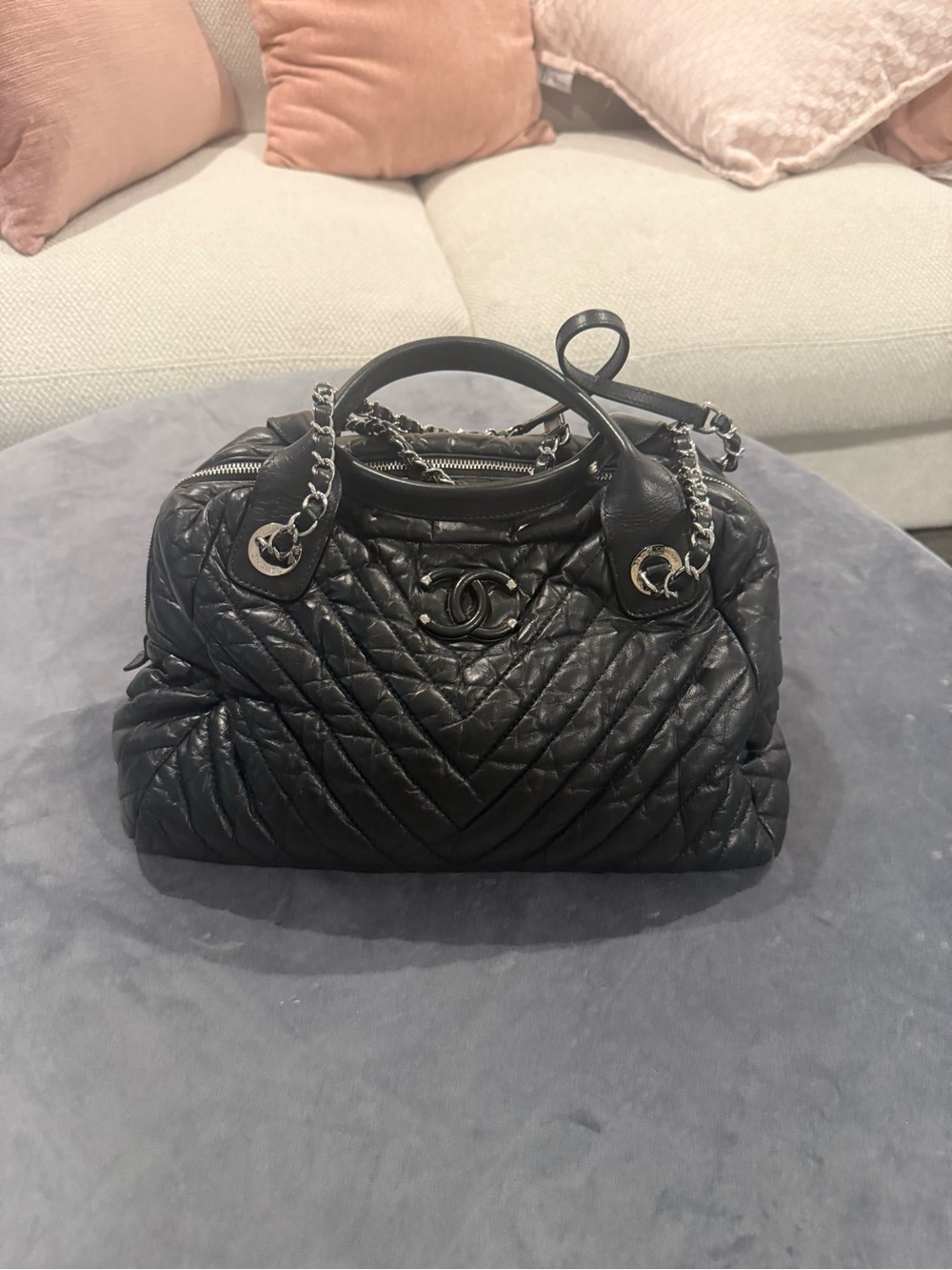 CHANEL Black  Chevron  Leather Bowling   Distressed  bag with Chain-Trim Handles